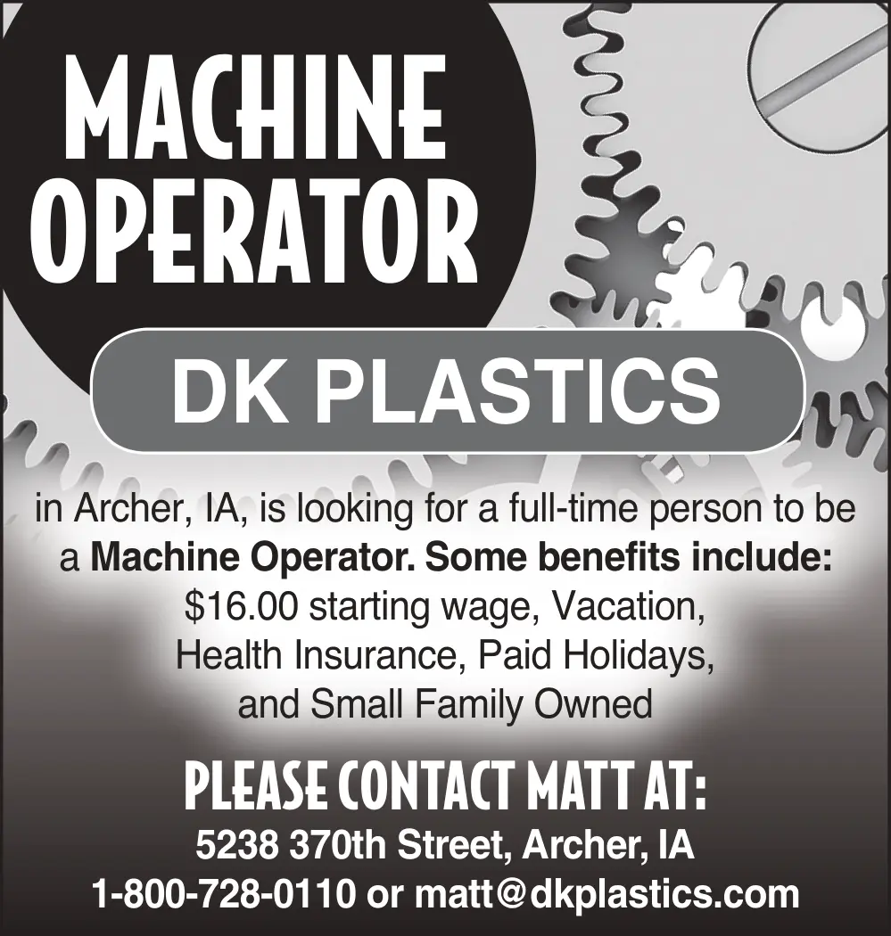Machine Operator Job Opportunity at DK Plastics in Archer, IA