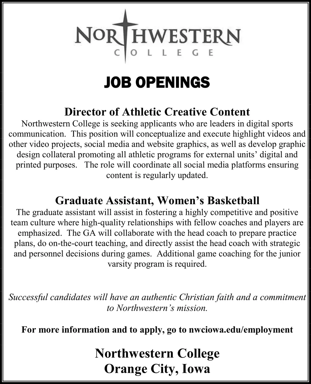 Job Openings at Northwestern College