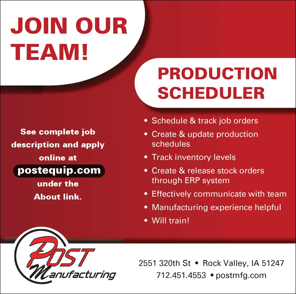 Production Scheduler Jobs at Post Manufacturing in Rock Valley, IA