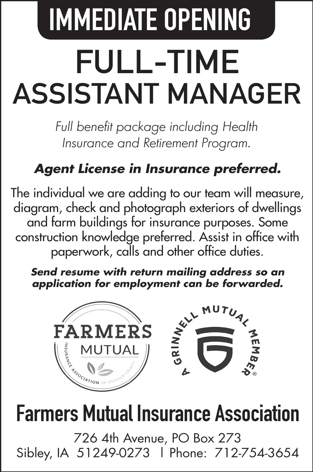 Immediate Opening: Full-Time Assistant Manager