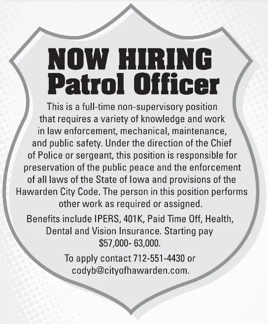 Hawarden City Police Department Hiring Patrol Officer