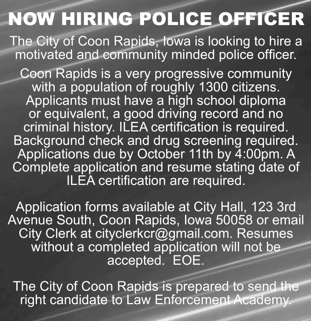 Now Hiring Police Officer in Coon Rapids, Iowa