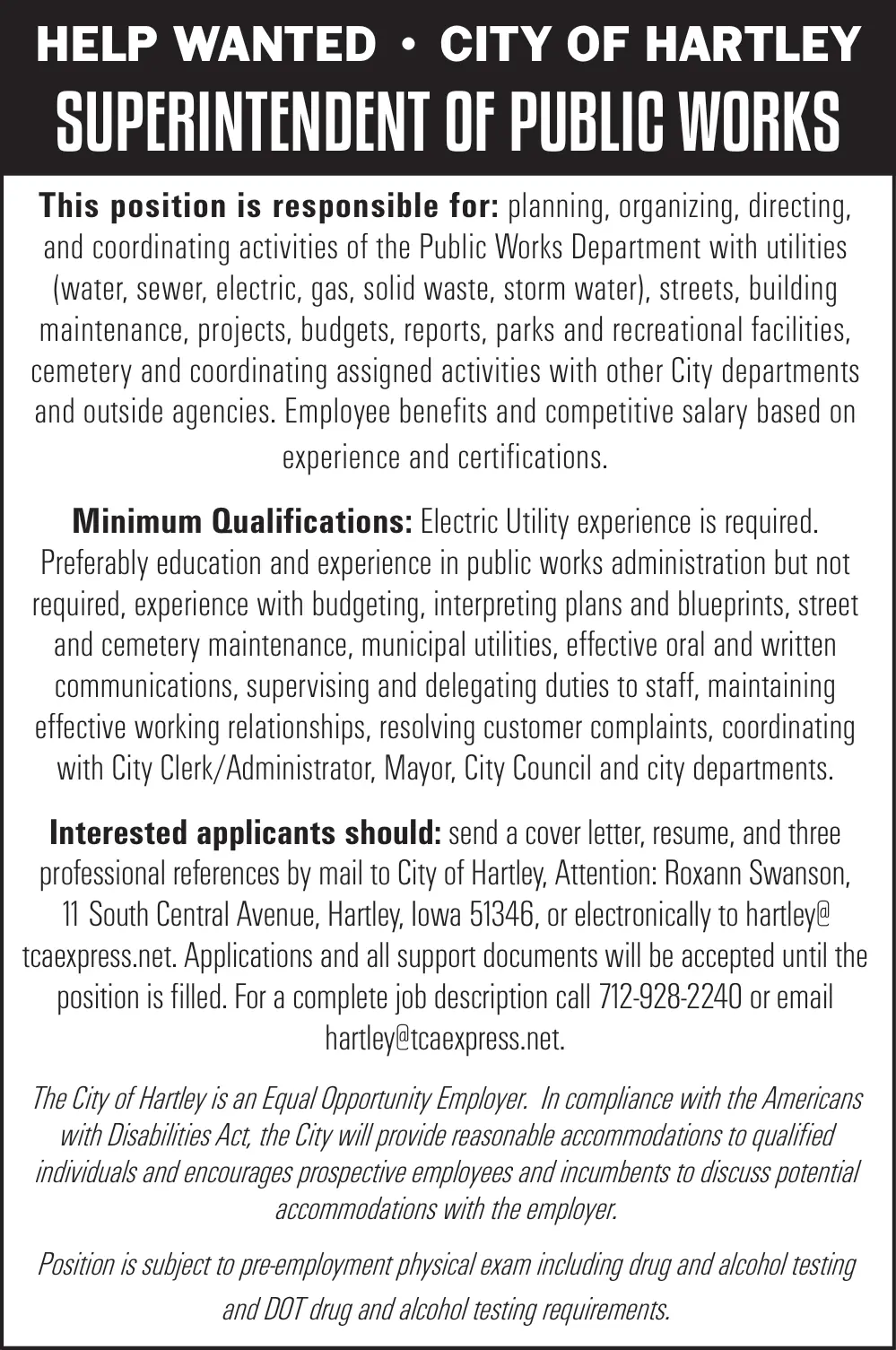 Superintendent of Public Works Job Opening City of Hartley