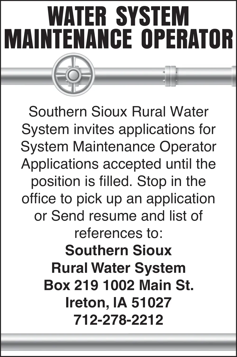 Water System Maintenance Operator Job Opening in Ireton, IA