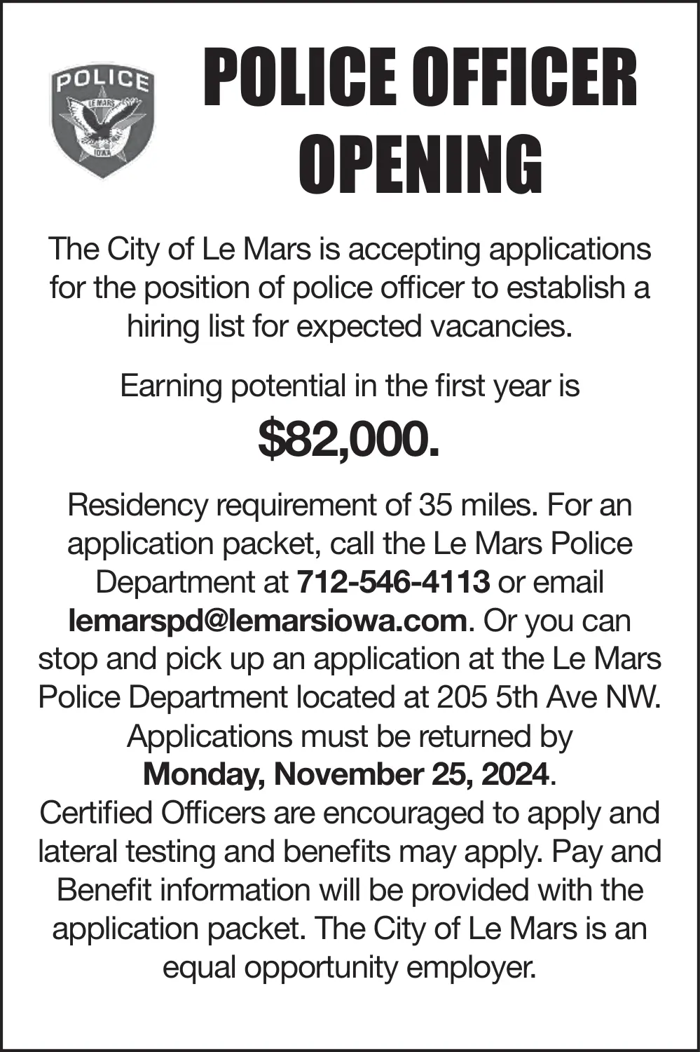 Police Officer Job Opening in Le Mars