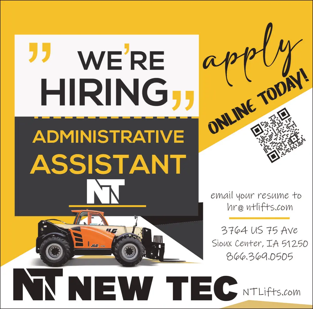 New Tec Administrative Assistant Job Opening in Sioux Center, IA