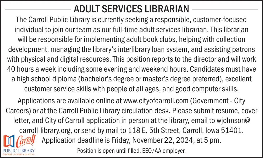 Carroll Public Library - Librarian Position Available
