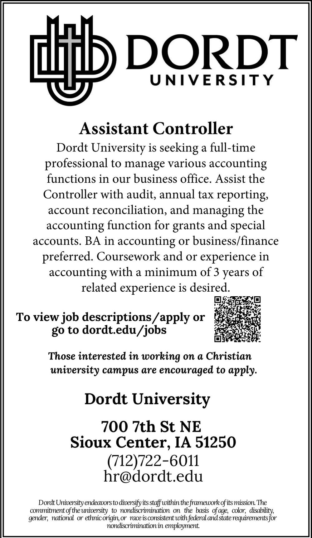 Assistant Controller Job Opening at Dordt University
