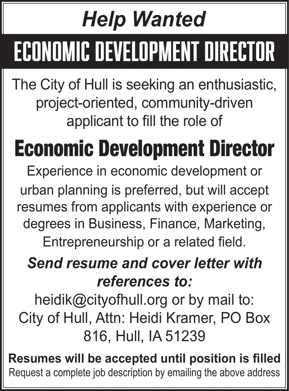 Full-Time Economic Development Director Position at City of Hull
