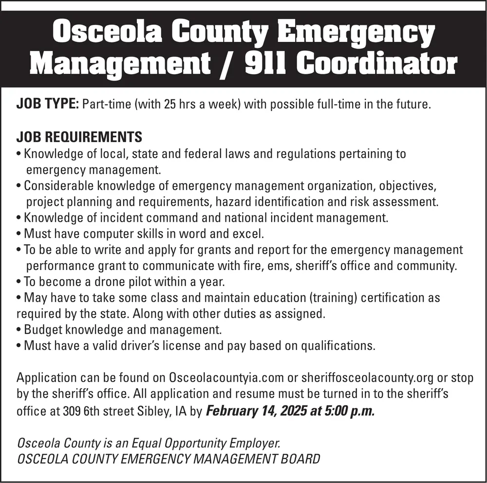 911 Coordinator Wanted in Sibley, IA