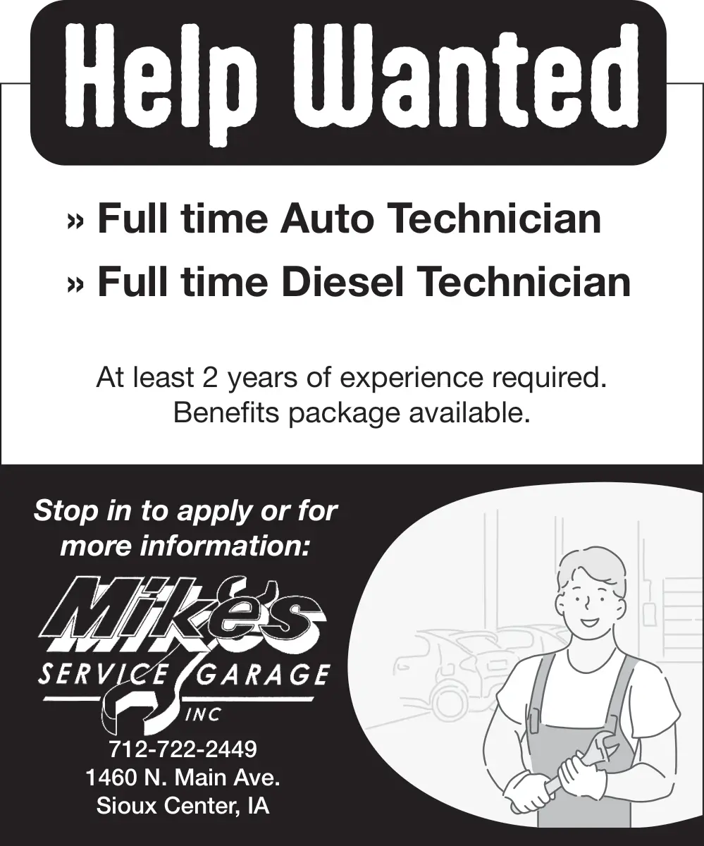 Auto Technician Position at Mike's Service Garage in Sioux Center, IA