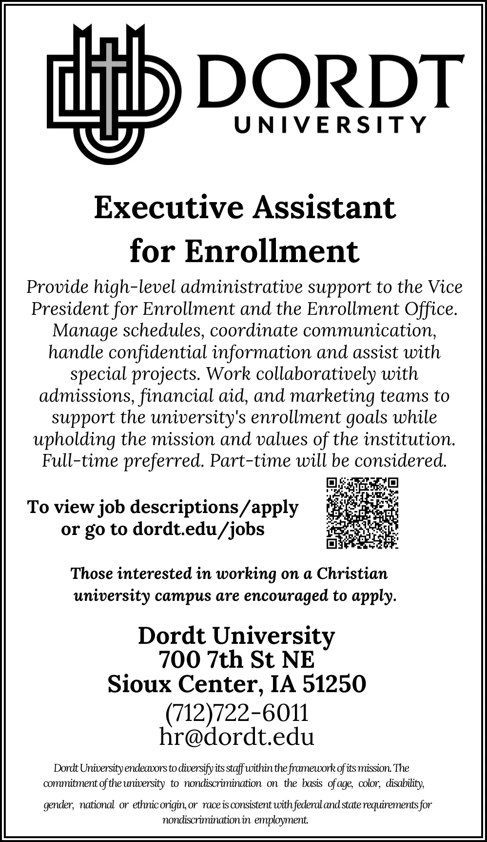 Executive Assistant for Enrollment Position Available at Dordt University