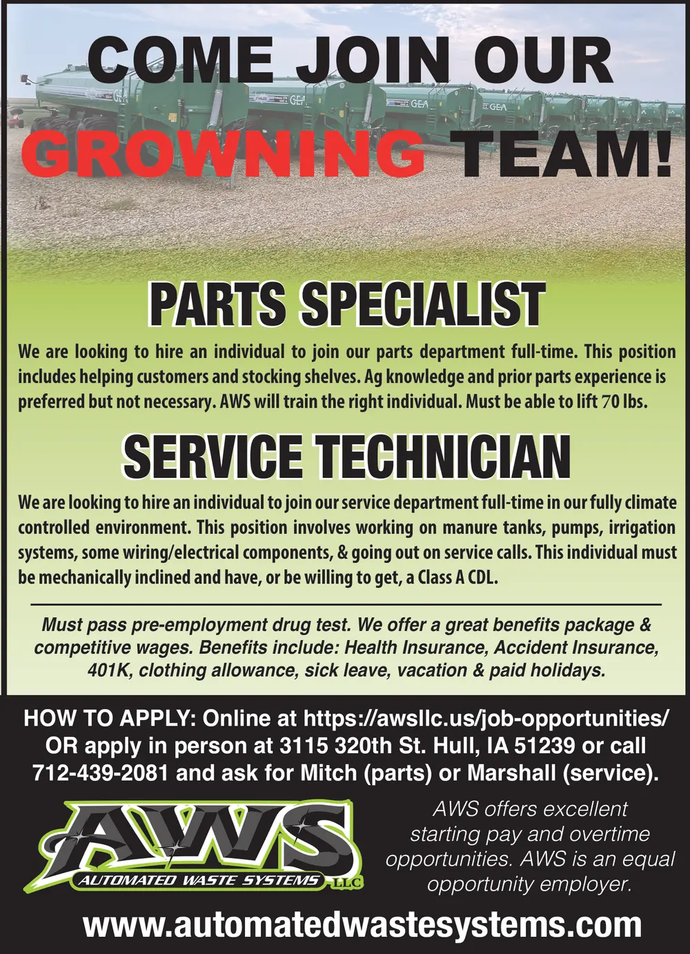 Now Hiring Parts Specialists and Service Technicians - Automated Waste Systems LLC
