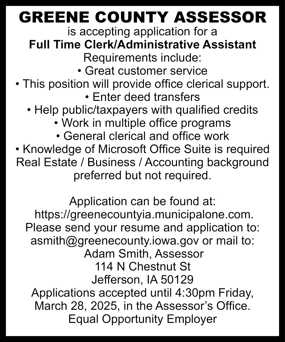 Greene County Assessor Jobs in Jefferson, IA