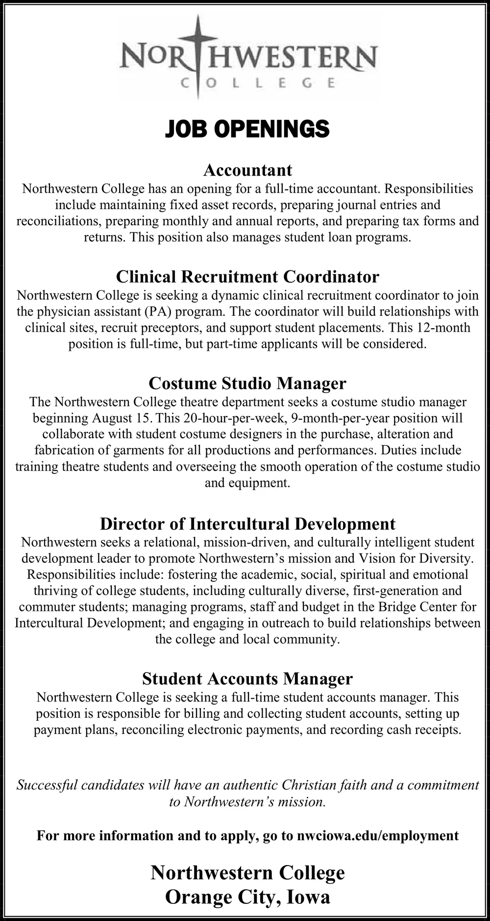 Job Openings at Northwestern College
