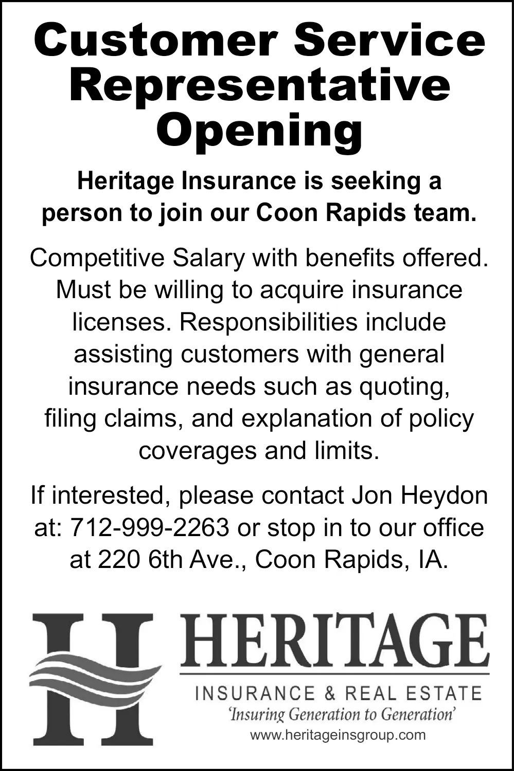 Heritage Insurance & Real Estate - Customer Service Representative Opening