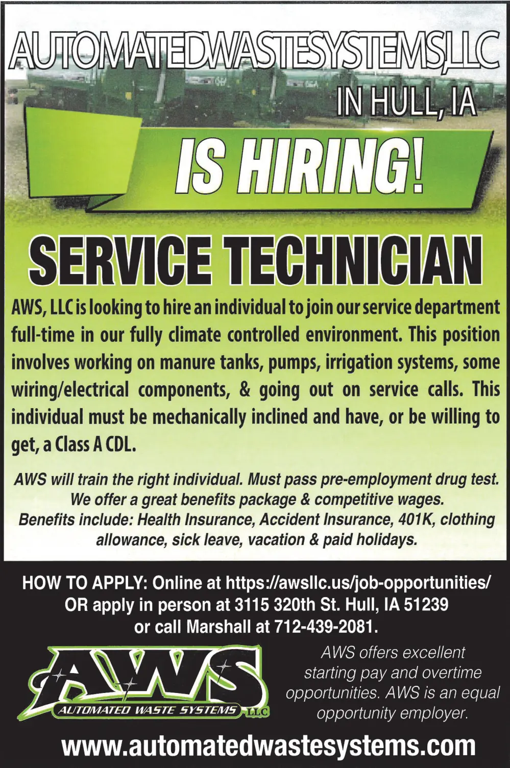 Automated Waste Systems in Hull, IA Is Hiring! - Service Technician Position