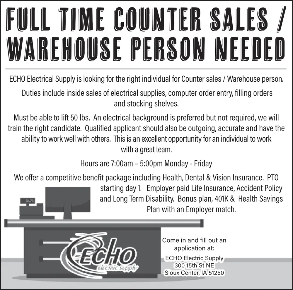 Full Time Counter Sales/Warehouse Person Needed at ECHO Electric Supply