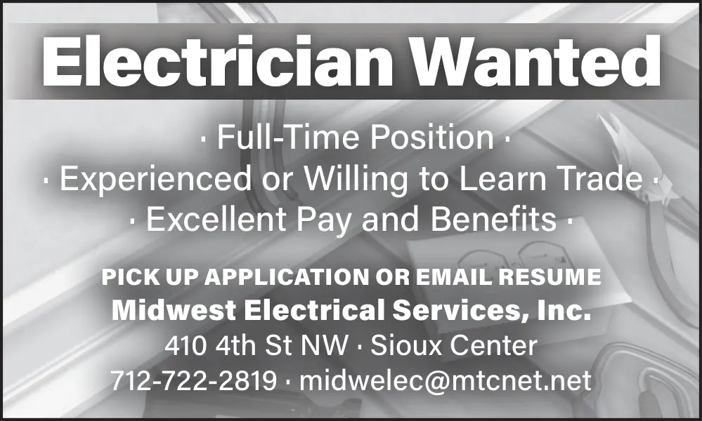 Join Midwest Electrical Services as an Electrician in Sioux Center, Iowa