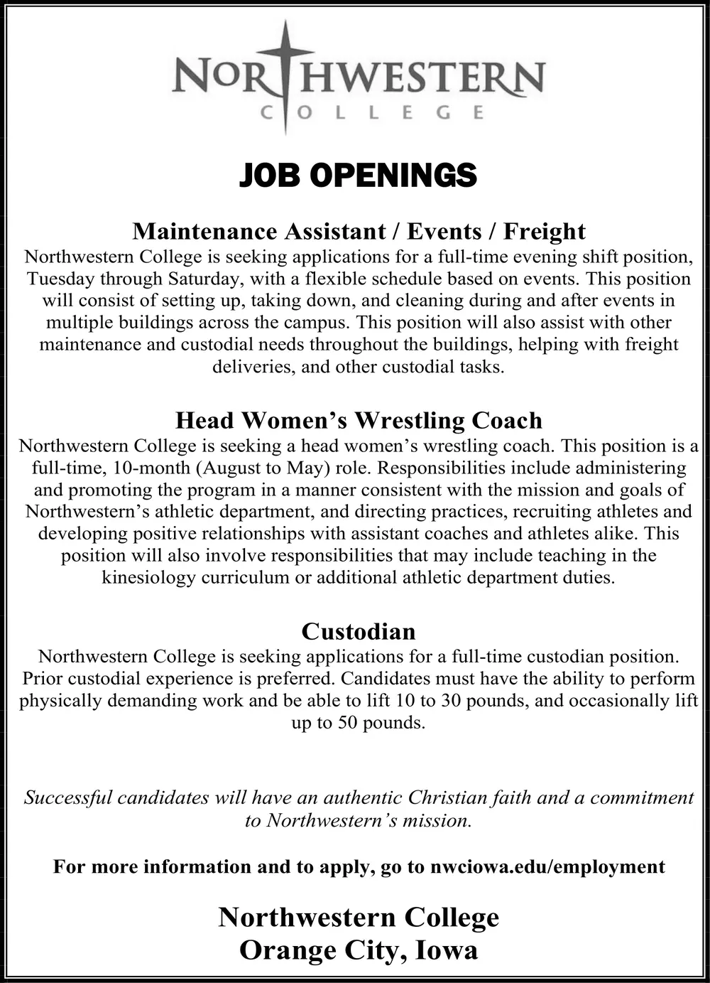 Job Openings at Northwestern College
