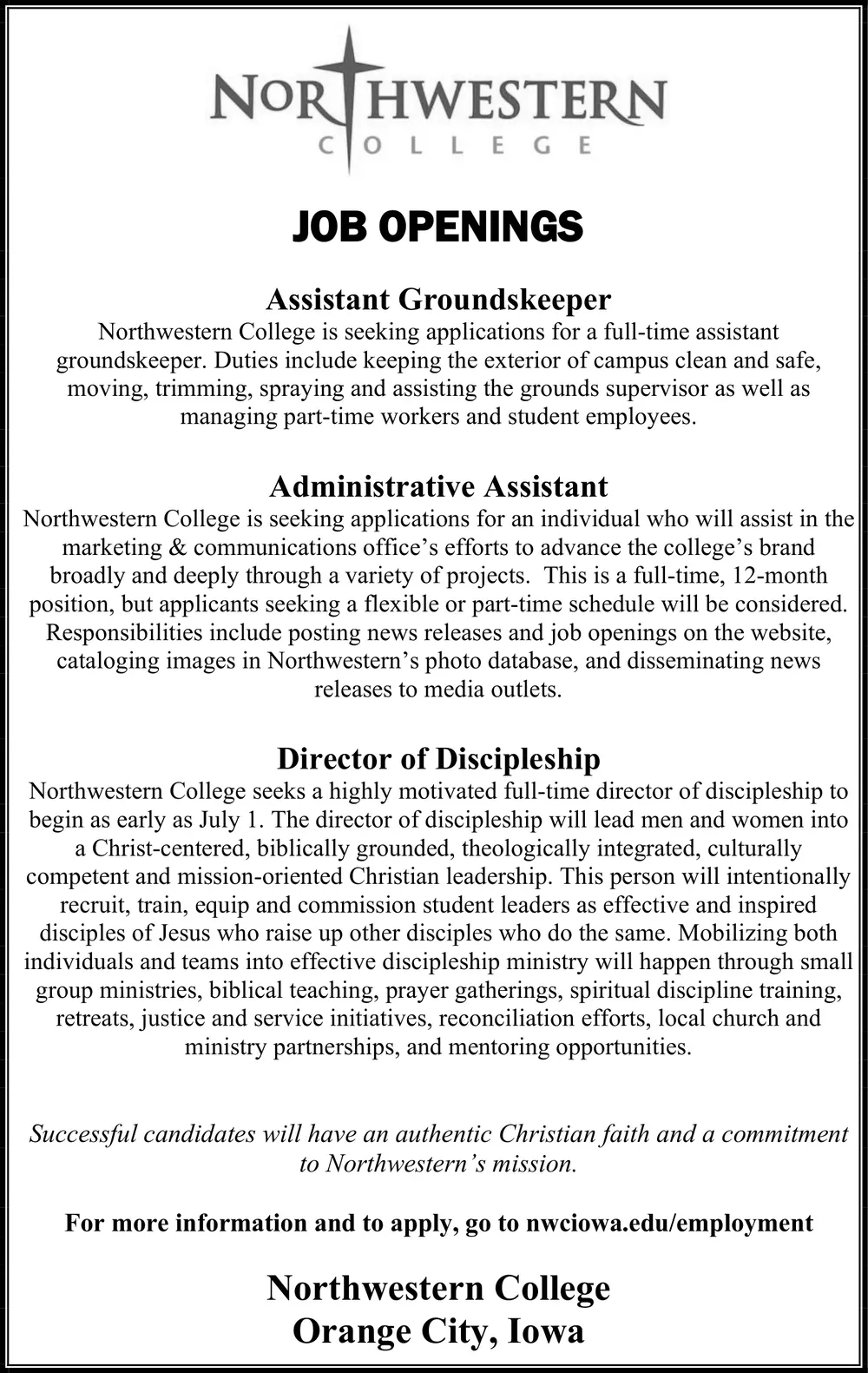 Job Openings at Northwestern College