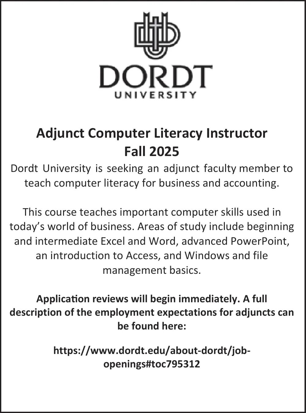 Adjunct Computer Literacy Instructor - Sioux Center, IA