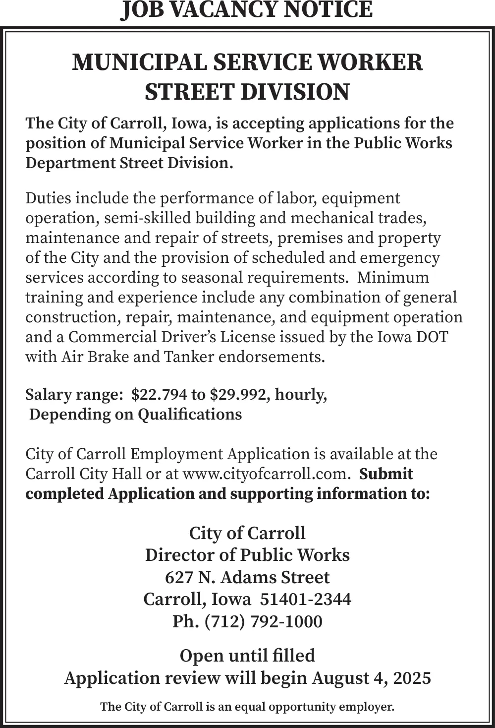 Municipal Service Worker Position Available - City of Carroll, Iowa