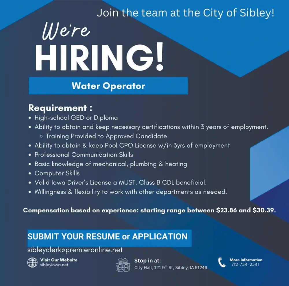 Join the City of Sibley as a Water Operator - Employment Opportunities