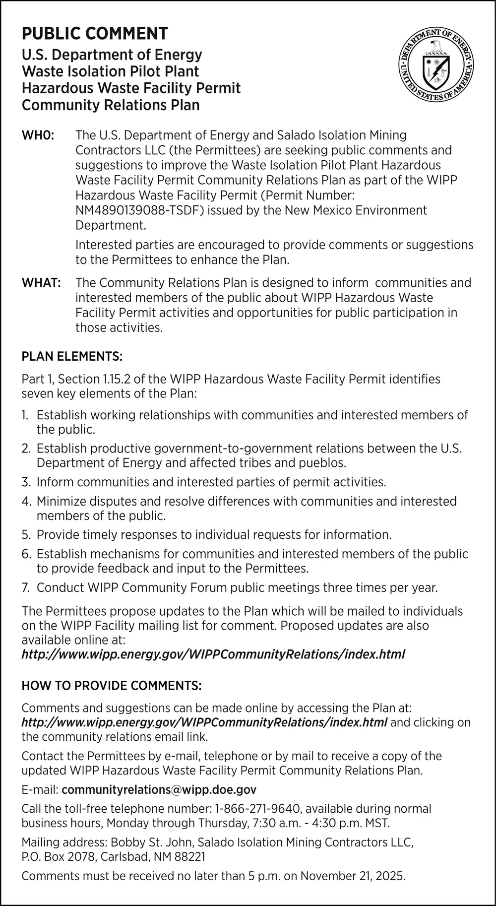 Waste Isolation Pilot Plant Community Relations - Carlsbad, New Mexico