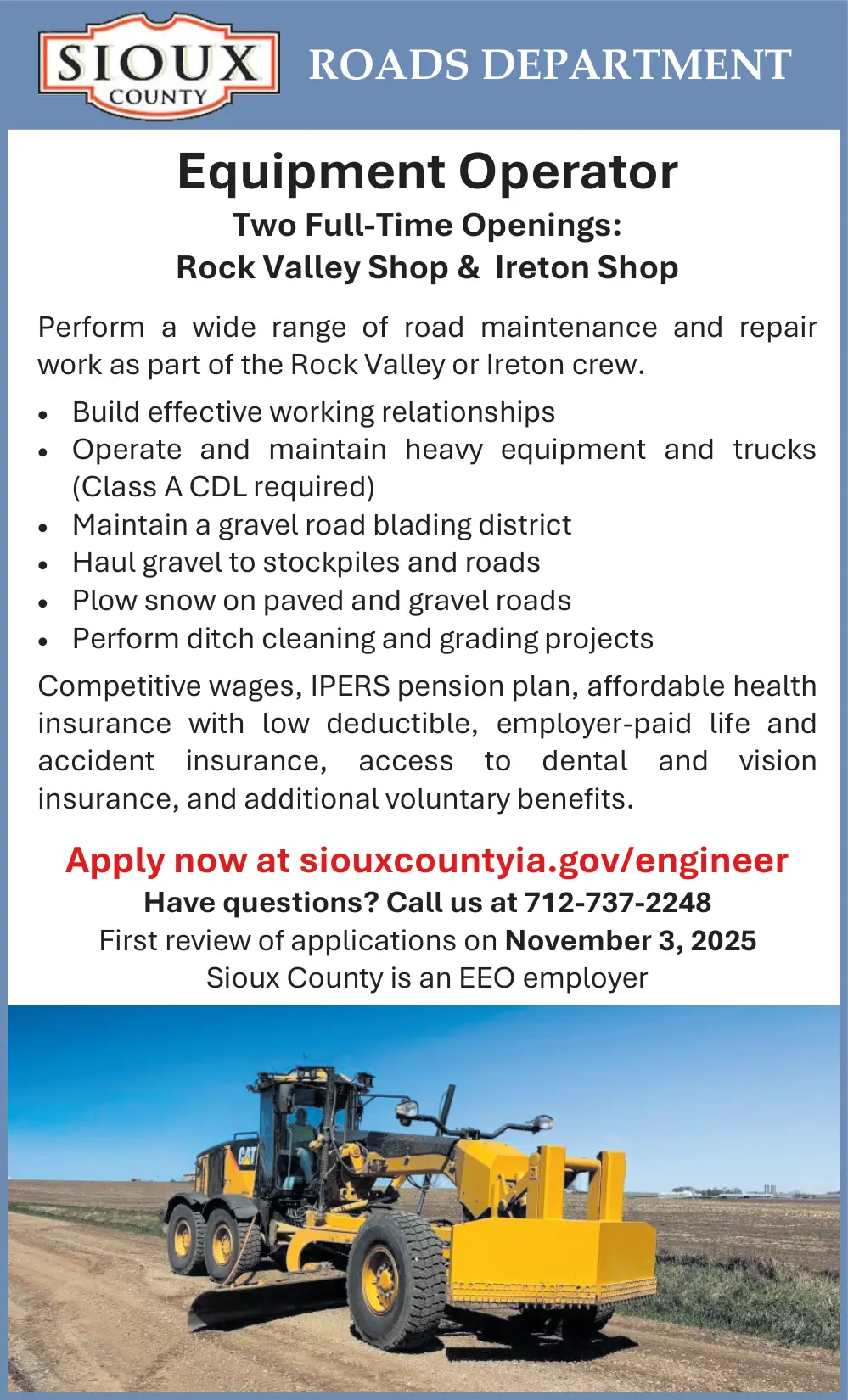 Equipment Operator Job Opening in Sioux County, Iowa