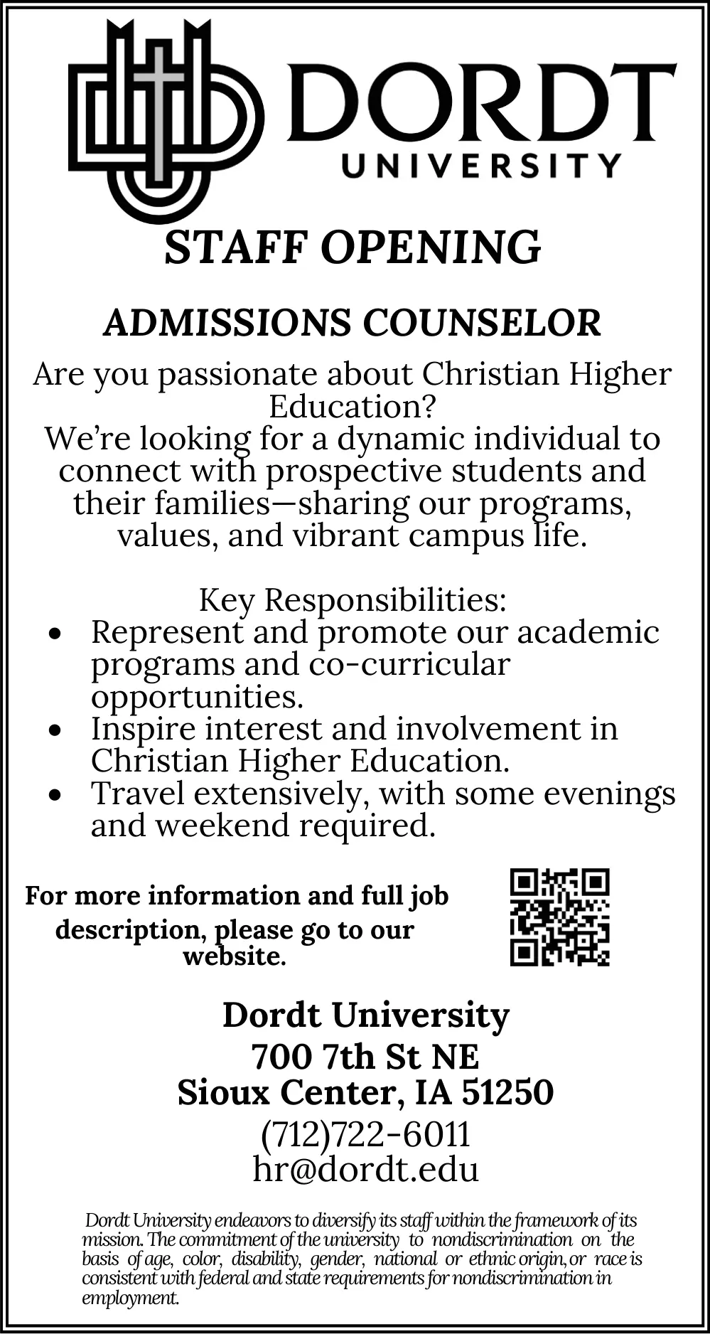 Admissions Counselor Job Opening - Sioux Center, IA
