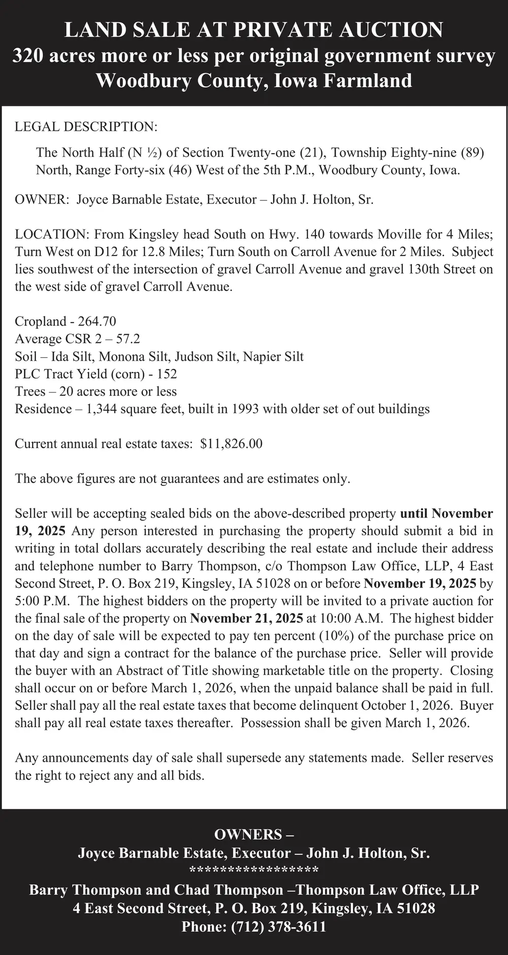 Land Sale at Private Auction in Woodbury County, Iowa - Thompson Law Office