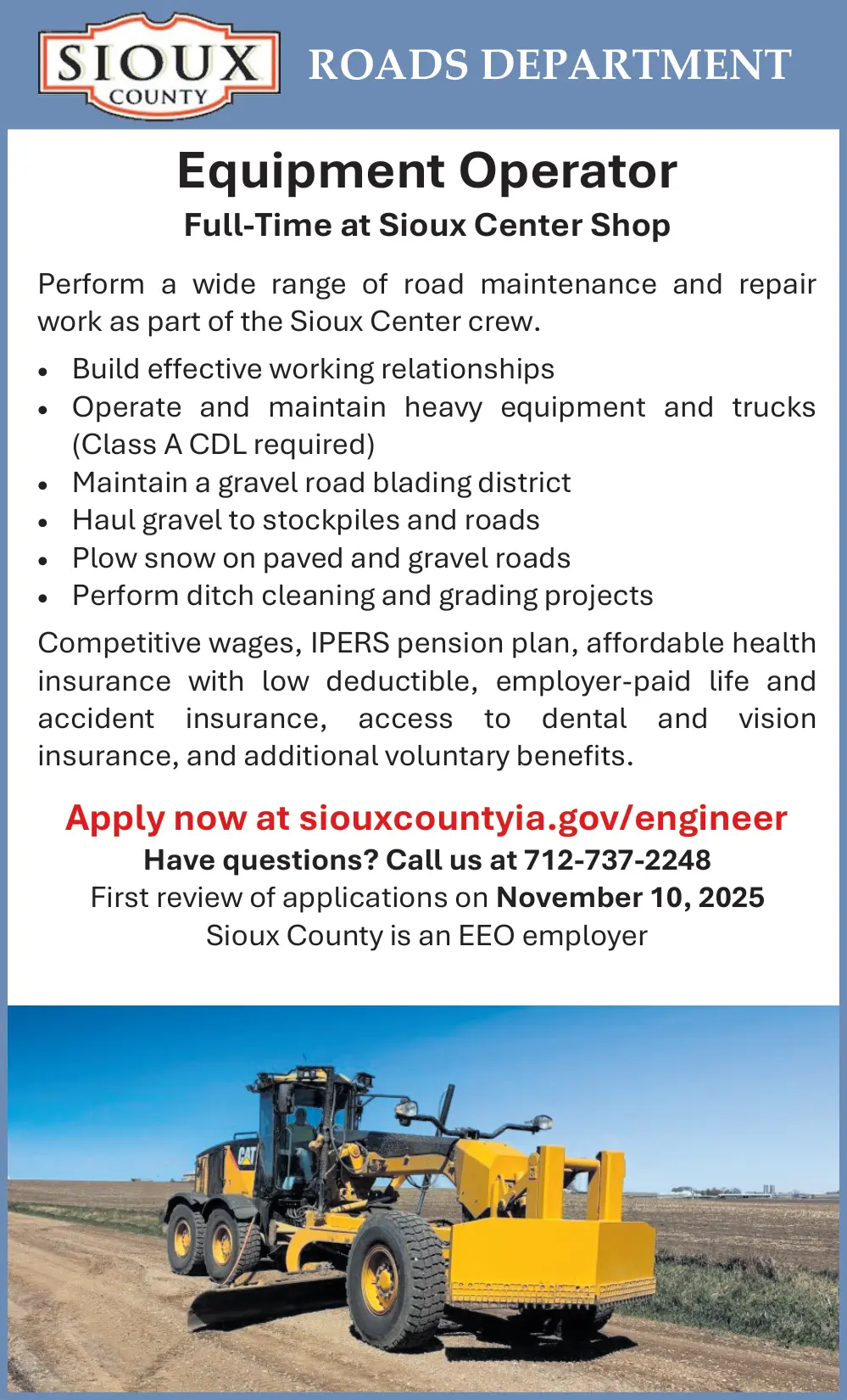 Equipment Operator Job Opening in Sioux County, Iowa