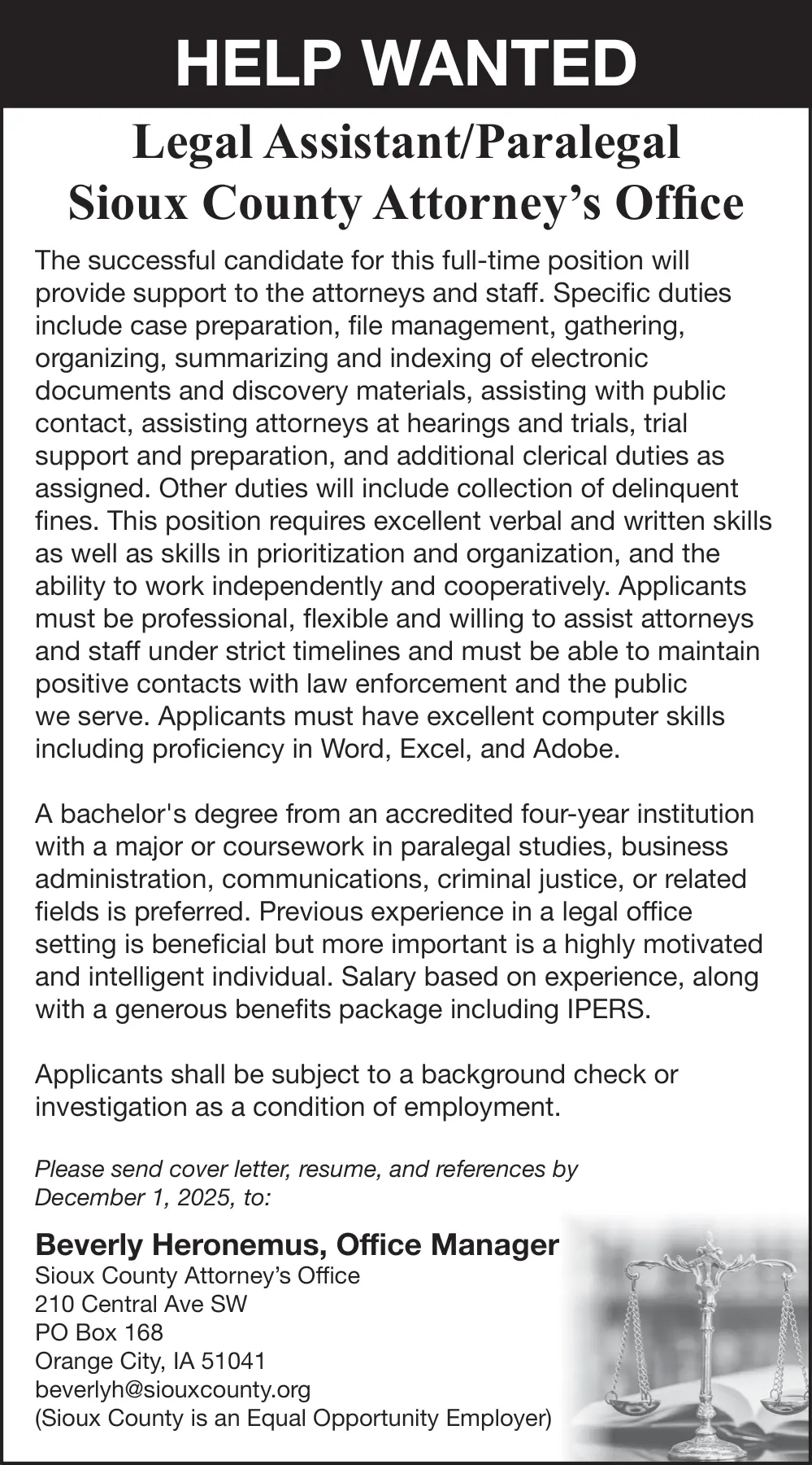 Sioux County Attorney - Legal Assistant/Paralegal Jobs