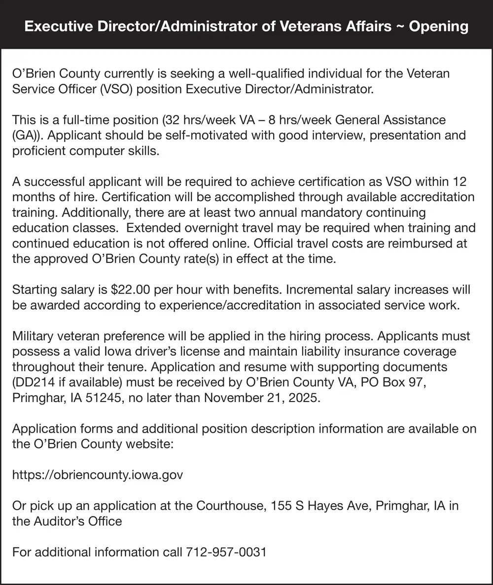 O'Brien County - Executive Director/ Administrator of Veterans Affair Position Available