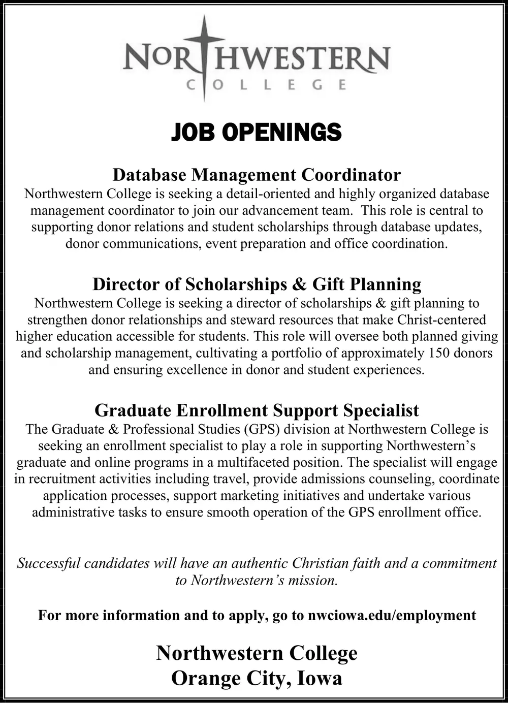 Job Openings at Northwestern College in Orange City, IA