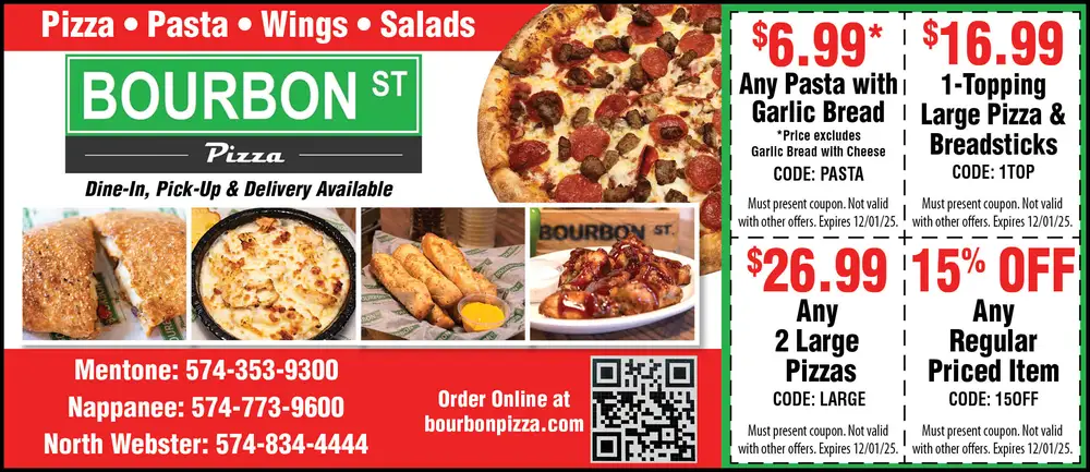 Bourbon St Pizza in Mentone, Nappanee, and North Webster, IN
