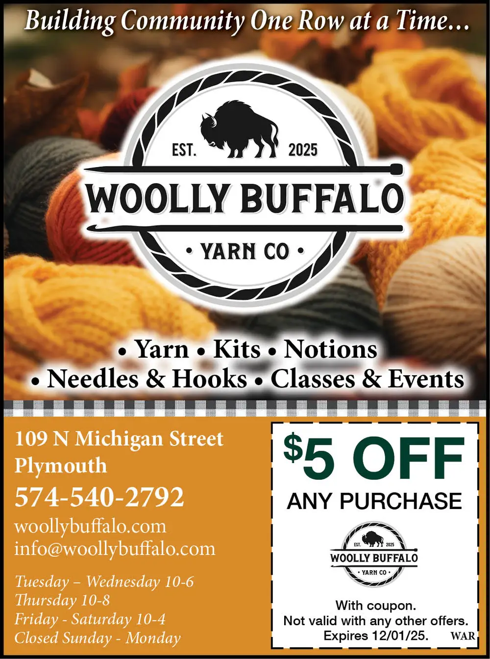 Welcome to Woolly Buffalo Yarn Co in Plymouth, IN