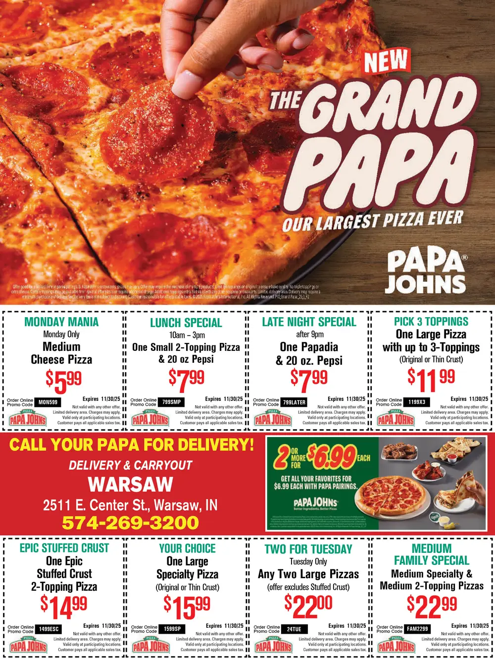 Papa John's Pizza Deals in Warsaw, Indiana