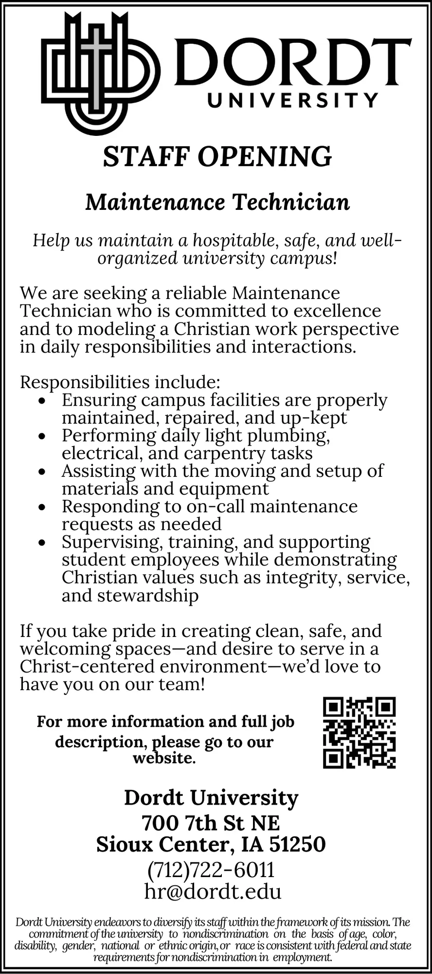 Maintenance Technician Job Opening - Sioux Center, IA