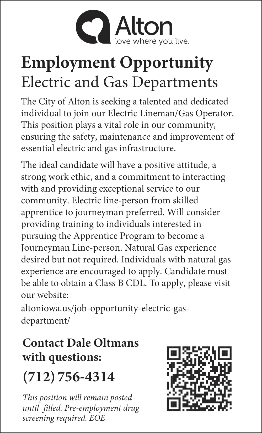 Join the Electric & Gas Departments in Alton, Iowa