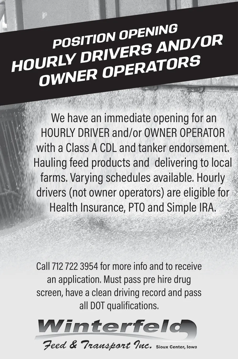 Position Opening - Drivers and Owner Operators - Sioux Center, IA