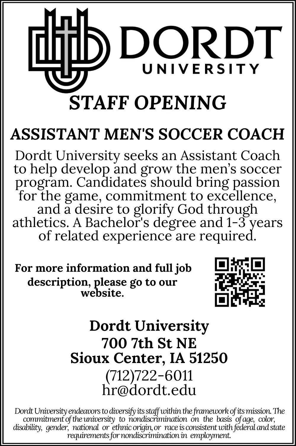 Dordt University - Assistant Men's Soccer Coach in Sioux Center, IA