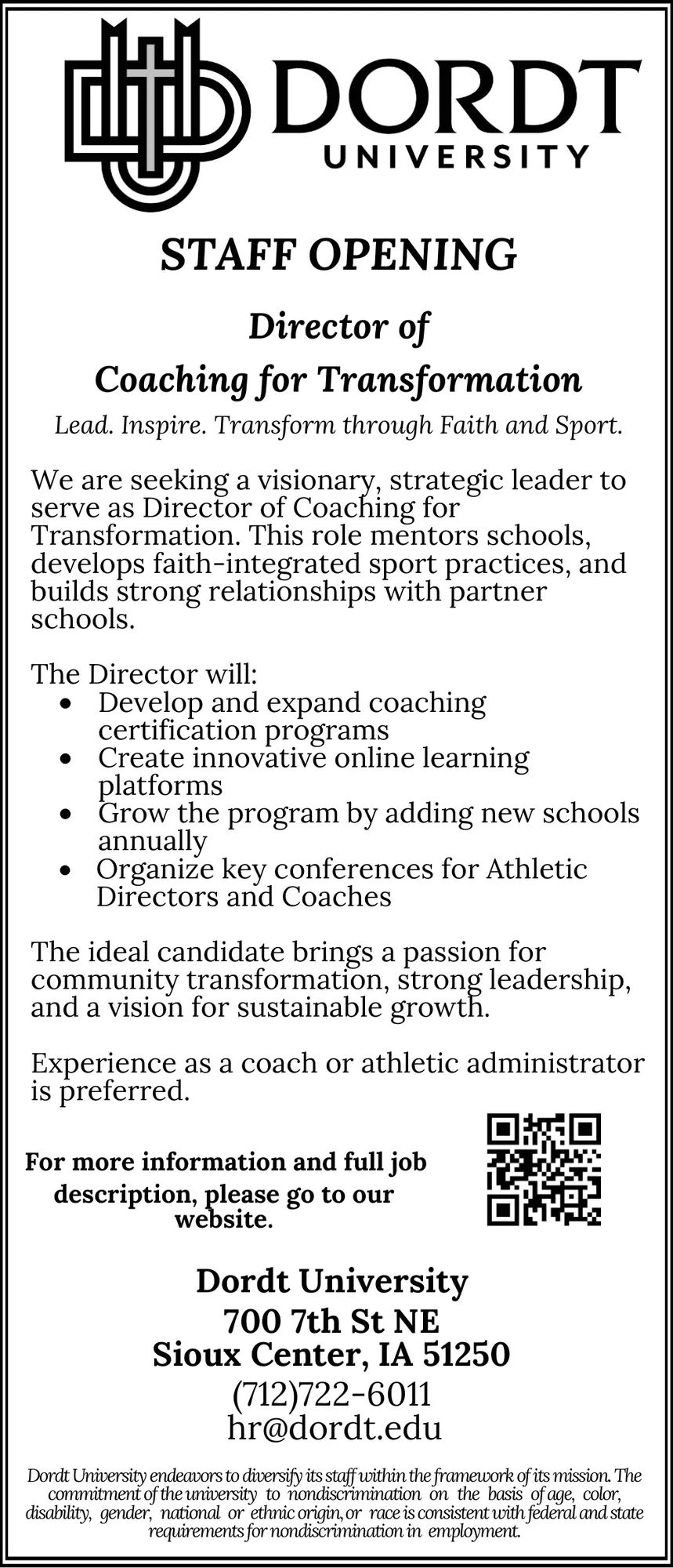 Dordt University - Director of Coaching for Transformation Jobs in Sioux Center, IA