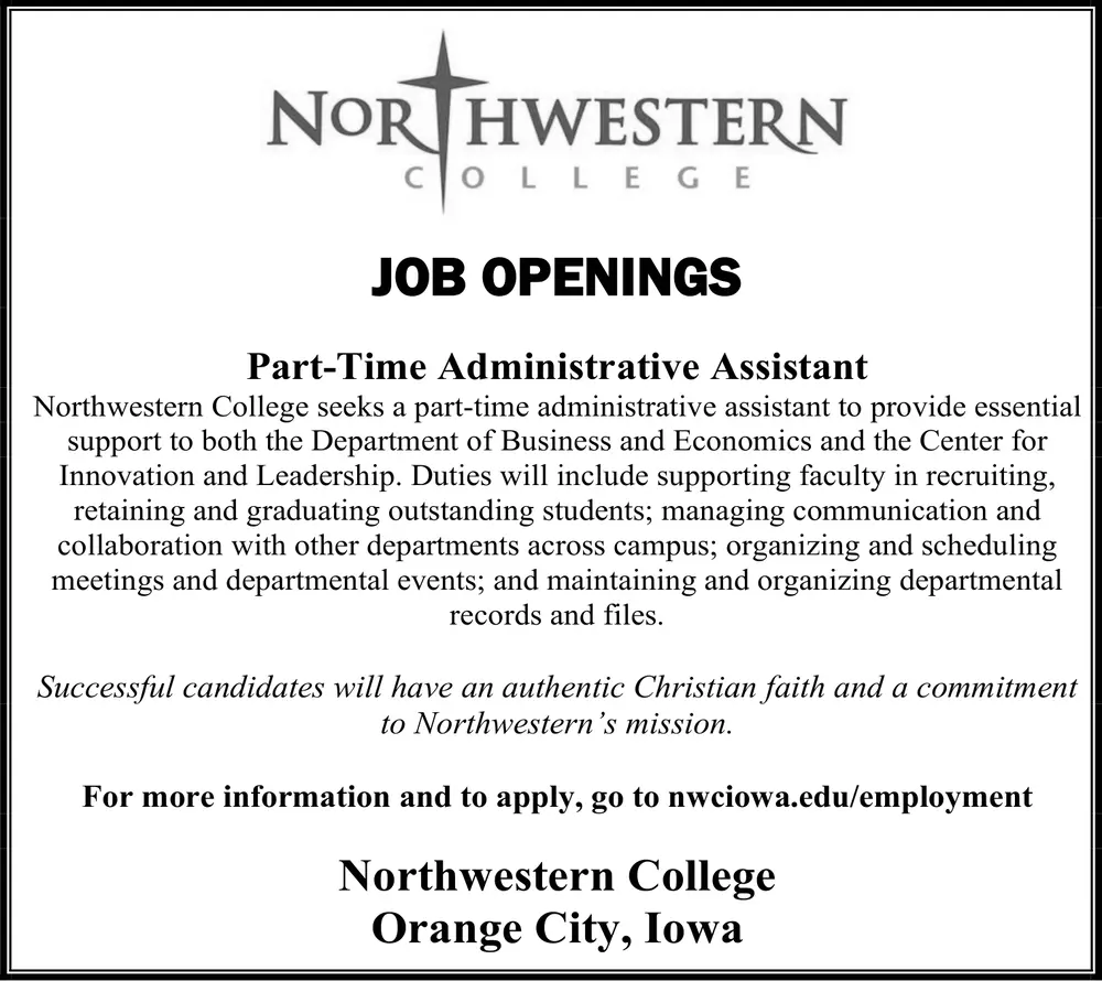 Northwestern College - Administrative Assistant Needed in Orange City, IA
