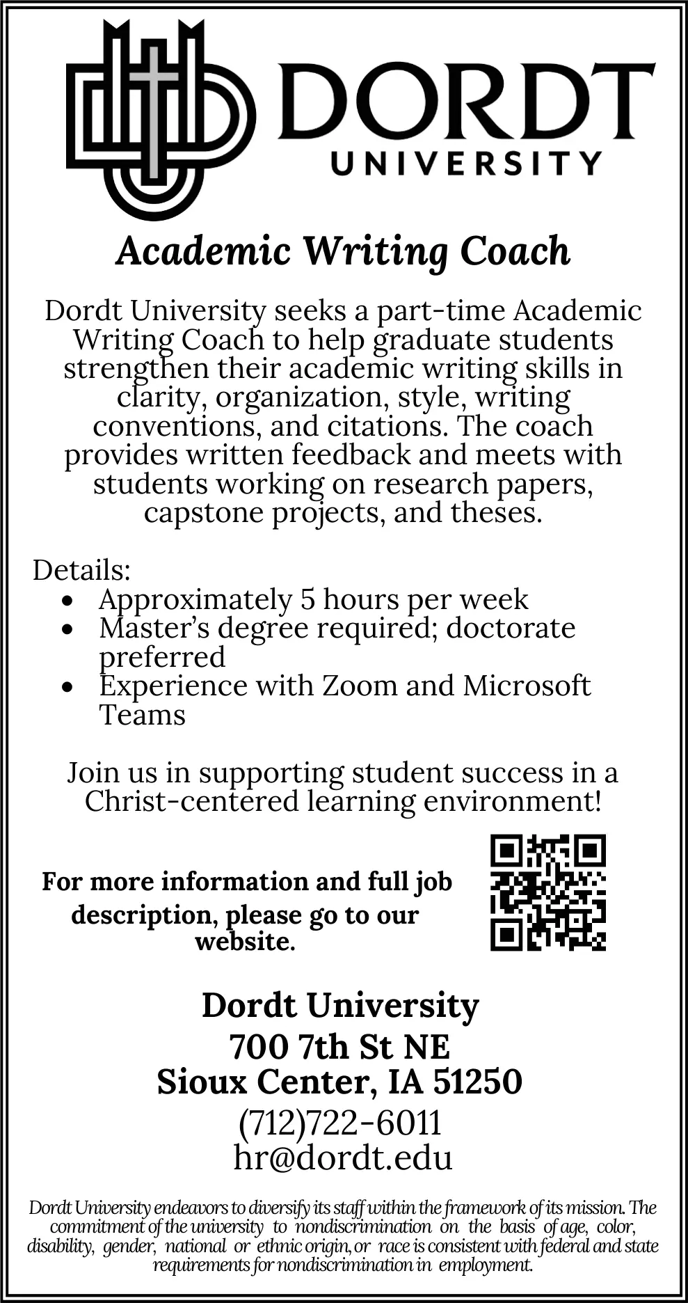 Dordt University - Academic Writing Coach Jobs in Sioux Center, IA