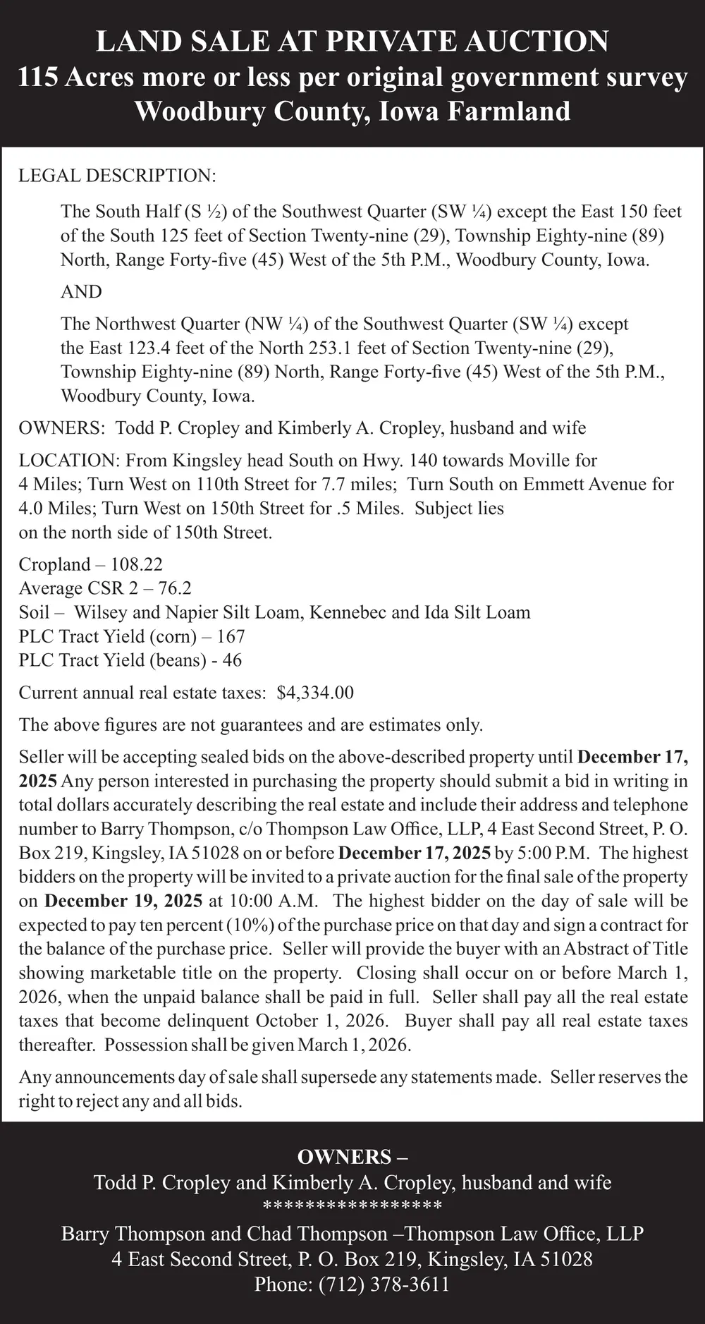 Land Sale at Private Auction in Woodbury County, Iowa - Thompson Law Office