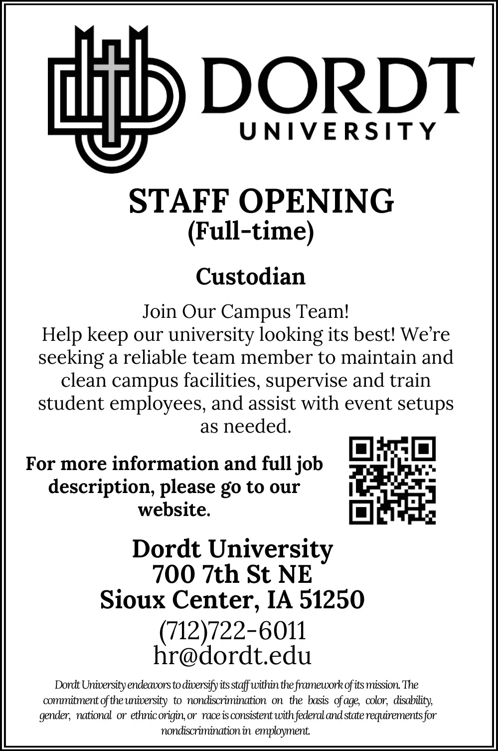 Dordt University - Custodian Jobs in Sioux Center, IA