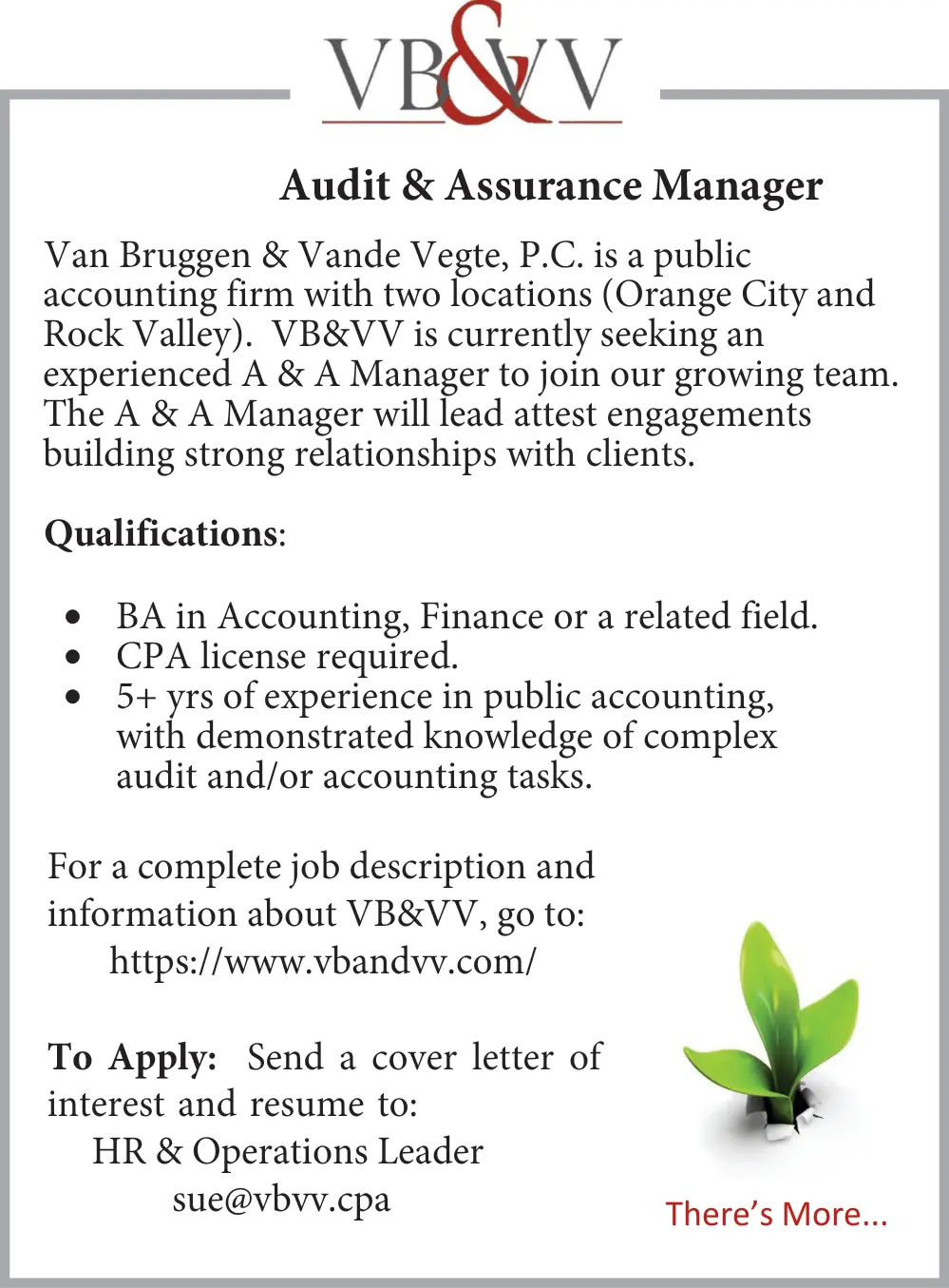 Join our Team as an Audit & Assurance Manager - Jobs in Orange City, IA