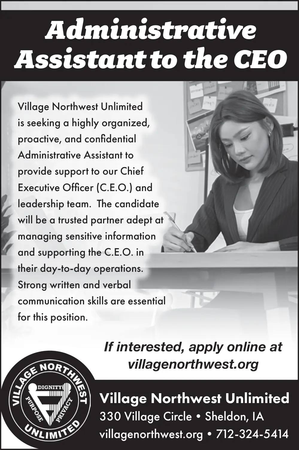 Administrative Assistant to the CEO Job Opening in Sheldon, IA